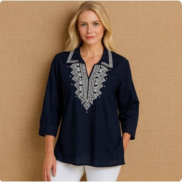 Talbots Women’s Navy Blue White Embroidered Tunic Top Size 18 W 18W 3/4 Sleeve - Picture 1 of 6